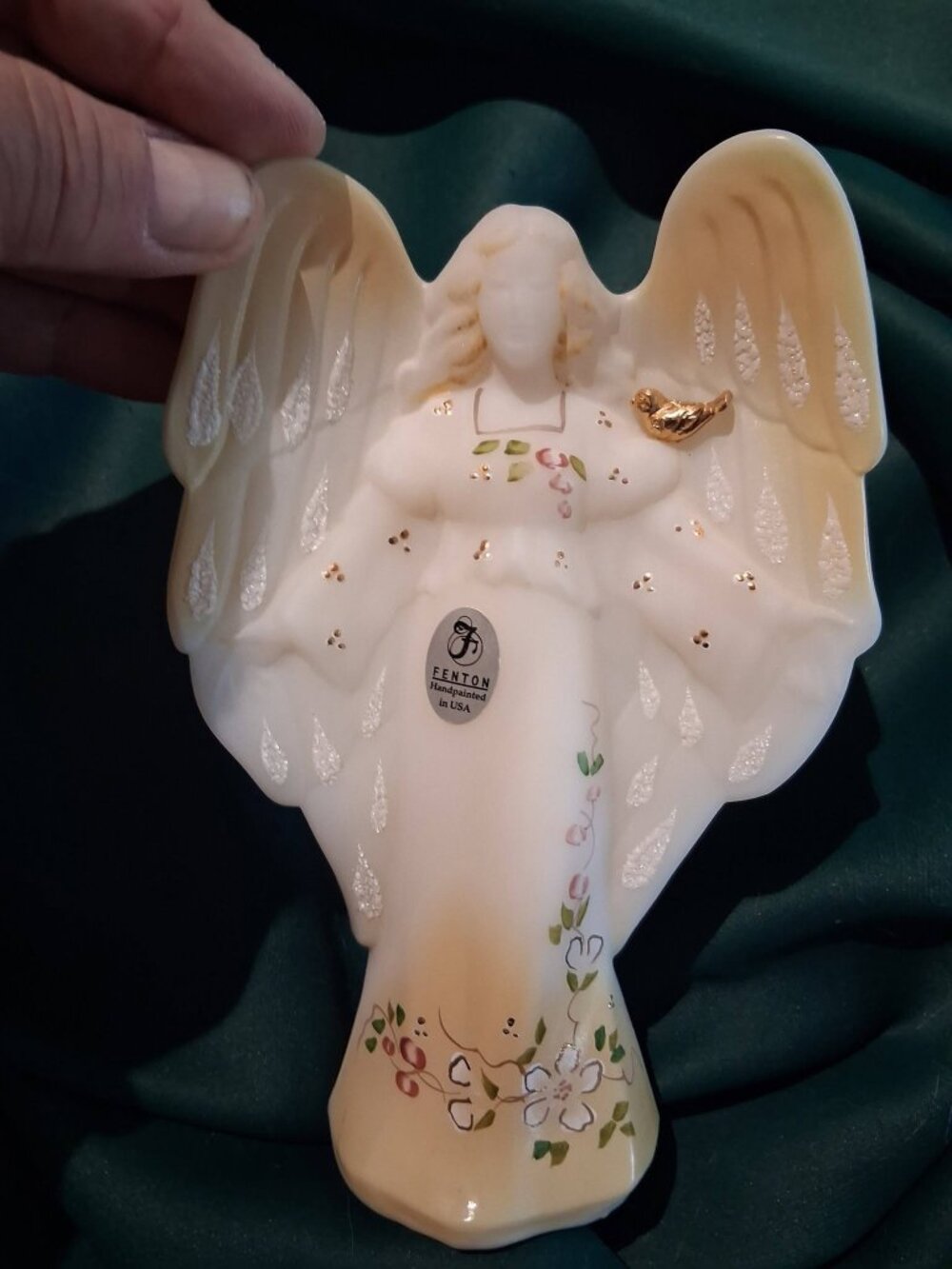 Fenton Hand Painted Satin Glass Angel Figurine K Buskirk Gold Bird #976